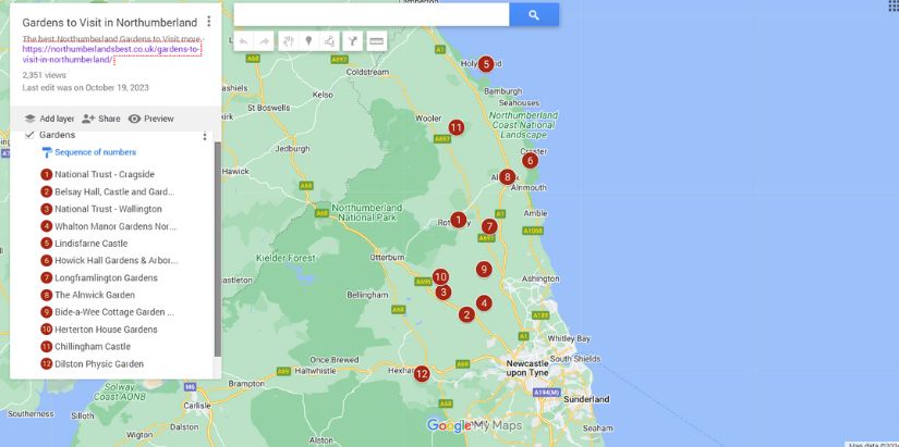 Map of Gardens to visit in Northumberland